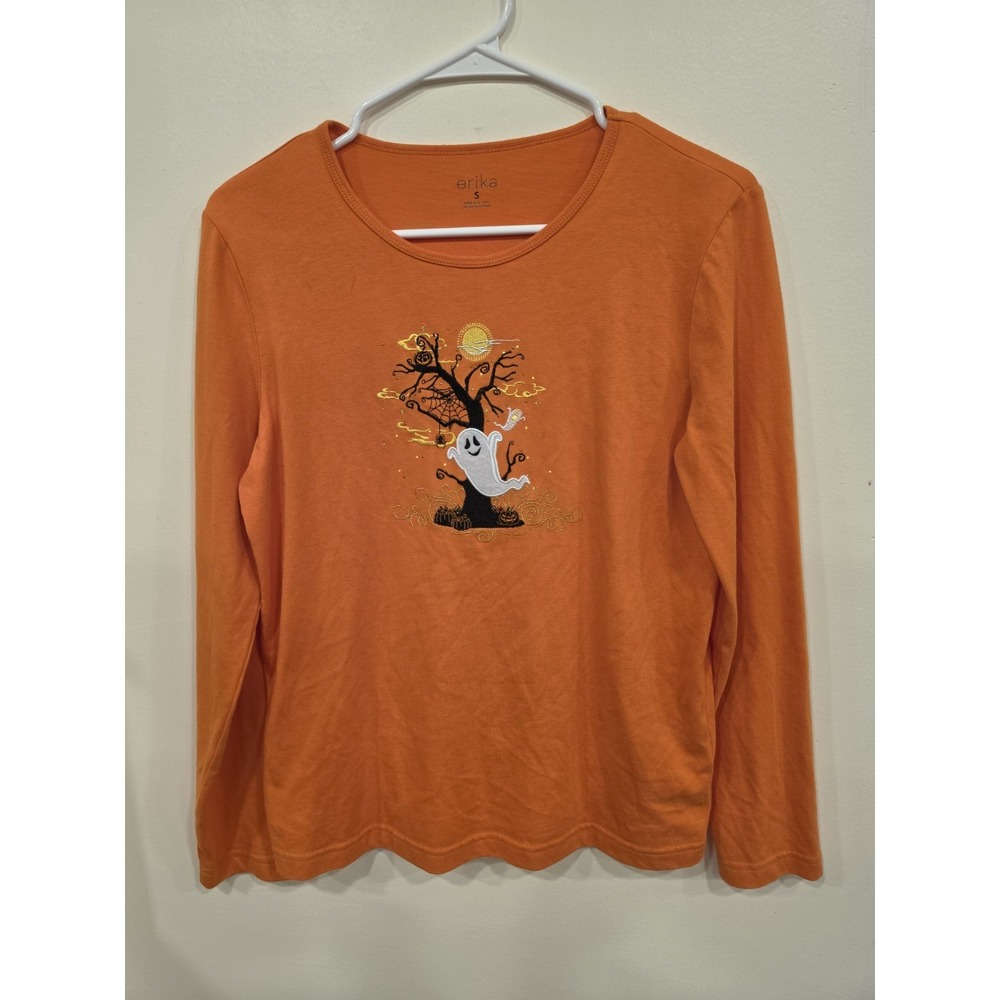 Erika SM T-Shirt Orange Long Sleeve Halloween Ghost Spider Embroidered